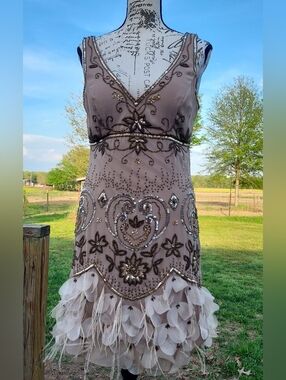 Sue Wong Tan and Gold Embellished Midi Dress
